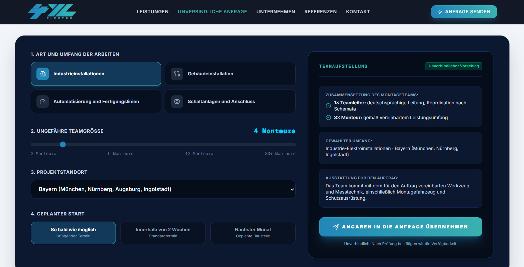 Elektro4YL: interaktívny formulár s výberom tímu a súhrnom dopytu