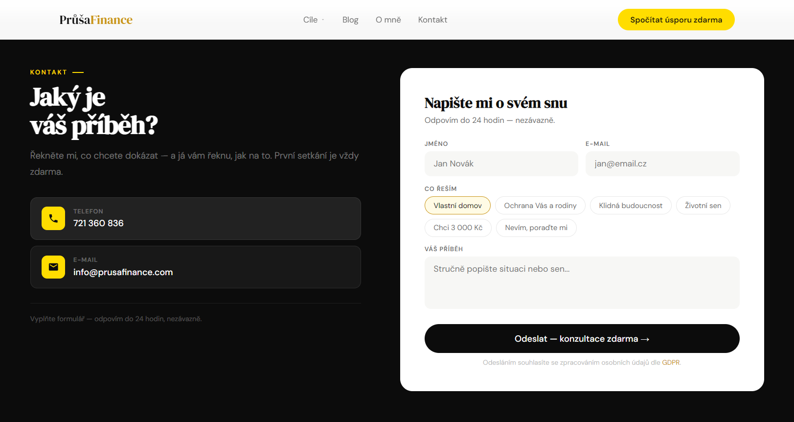 PrůšaFinance: osobný web s kontaktným formulárom
